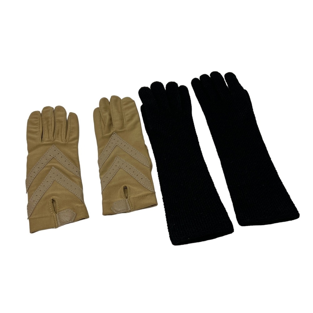 Womens‎ Vintage Gloves Two Pair Tan Faux Leather and Black Knit Size S-M